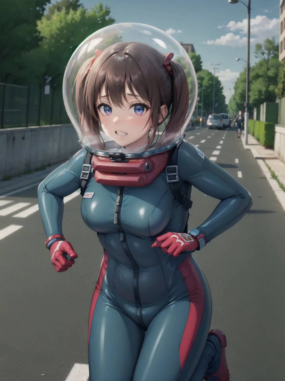 short hair, pink hair, street, emo,pink eyes, eyeliner, fortified suit, ((blue:1.5) plugsuit), short hair, (running fast:1.6),sweaty,clenched teeth,marathon event,looking ar forward,1),,asuka langley soryu, (souryuu asuka langley:1.2), short hair, bangs, blue eyes, brown hair, bodysuit, pilot suit, plugsuit, (red bodysuit:1.5, bubble helmet space helmet,twintails