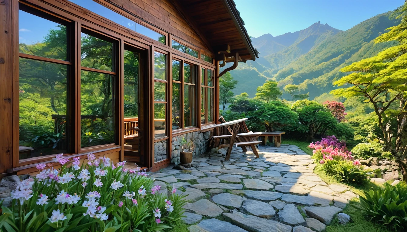 (The best quality at its best,4K,8K,High resolution,masterpiece:1.2),Super detailed,(Actual,photoActual,photo-Actual:1.37),Mountain小屋,Cozy cottage,Mountain々Wooden house surrounded by,宁静atmosphere,Attention to detail,Quiet environment,Mountainと森のパノラマ,Secluded place,The large windows offer a spectacular view.,Quaint and rustic design,Smoke coming out of the chimney,atmosphere,Crackling fireplace,Comfortable furniture,soft and warm lighting,Gentle colors,Natural materials,Wood panel,Beautifully landscaped gardens,There are many colorful flowers and plants,Clear blue sky,fresh air,breeze,Rustling of leaves,Quiet and serene,Hiking trails,Nature exploration,adventure,Retreat,Escape the hustle and bustle of the city,A great place to relax and meditate.