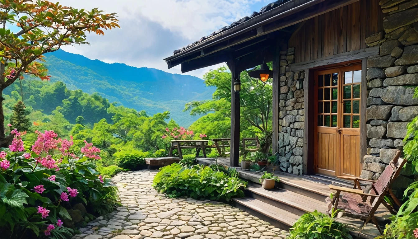 (The best quality at its best,4K,8K,High resolution,masterpiece:1.2),Super detailed,(Actual,photoActual,photo-Actual:1.37),Mountain小屋,Cozy cottage,Mountain々Wooden house surrounded by,宁静atmosphere,Attention to detail,Quiet environment,Mountainと森のパノラマ,Secluded place,The large windows offer a spectacular view.,Quaint and rustic design,Smoke coming out of the chimney,atmosphere,Crackling fireplace,Comfortable furniture,soft and warm lighting,Gentle colors,Natural materials,Wood panel,Beautifully landscaped gardens,There are many colorful flowers and plants,Clear blue sky,fresh air,breeze,Rustling of leaves,Quiet and serene,Hiking trails,Nature exploration,adventure,Retreat,Escape the hustle and bustle of the city,A great place to relax and meditate.