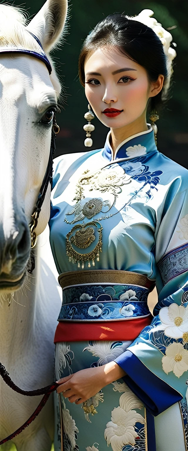 Woman wearing Chinese dress holding a white horse