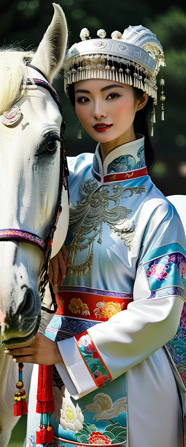 Woman wearing Chinese dress holding a white horse