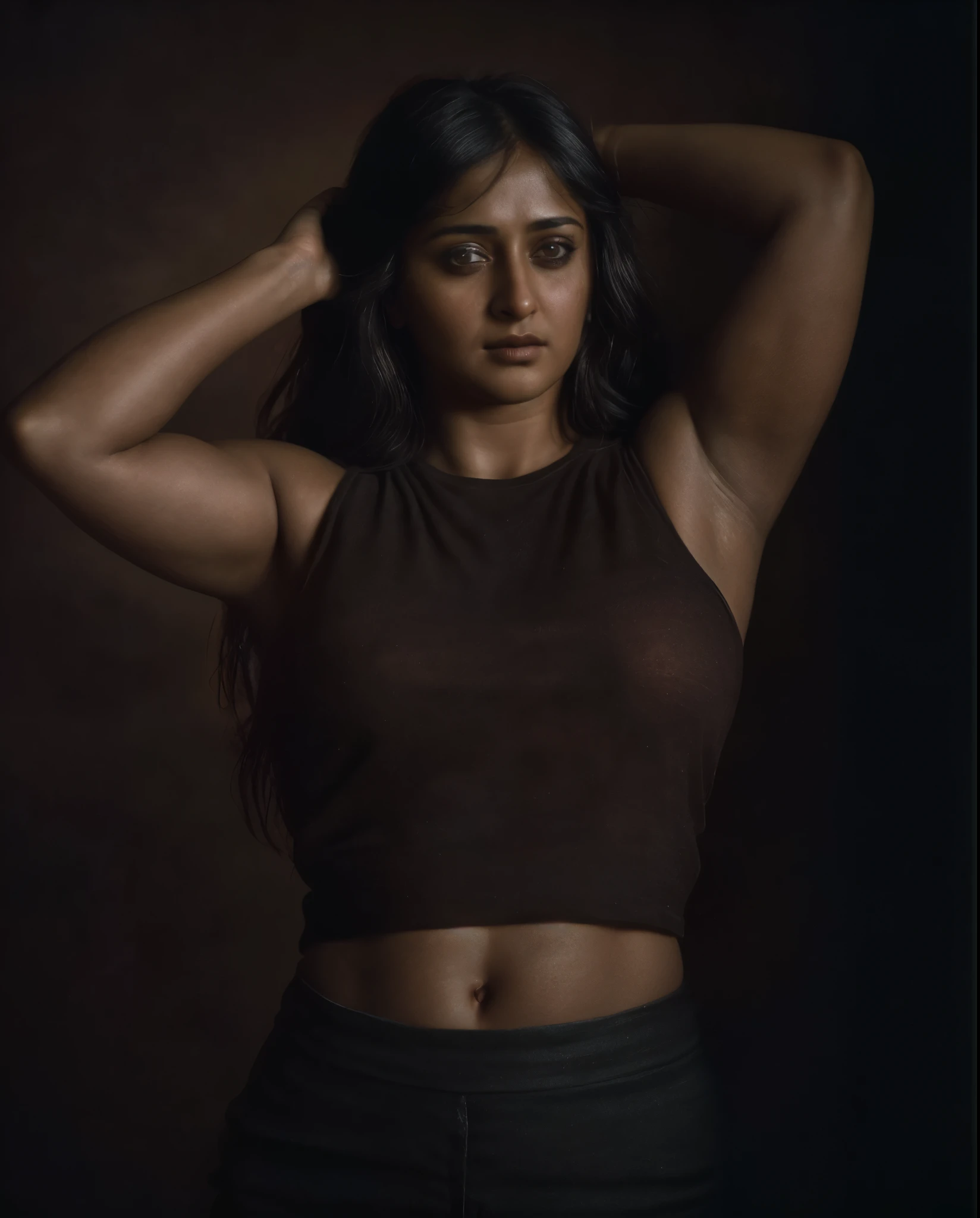 (close-up, editorial photograph of a 35 year old woman), looks like Anushka Shetty, (highly detailed face:1.4) (smile:0.7) (background inside dark, moody, private study:1.3) POV, by lee jeffries, nikon d850, film stock photograph ,4 kodak portra 400 ,camera f1.6 lens ,rich colors ,hyper realistic ,lifelike texture, dramatic lighting , cinestill 800,