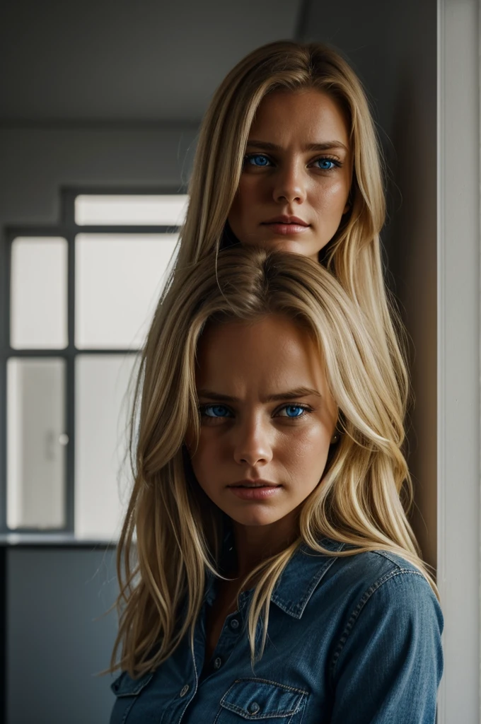 A blonde girl with blue eyes She has a brown blouse and blue jeans She is crying in the corner of a gray room, illuminated only by a cold light bulb on the ceiling