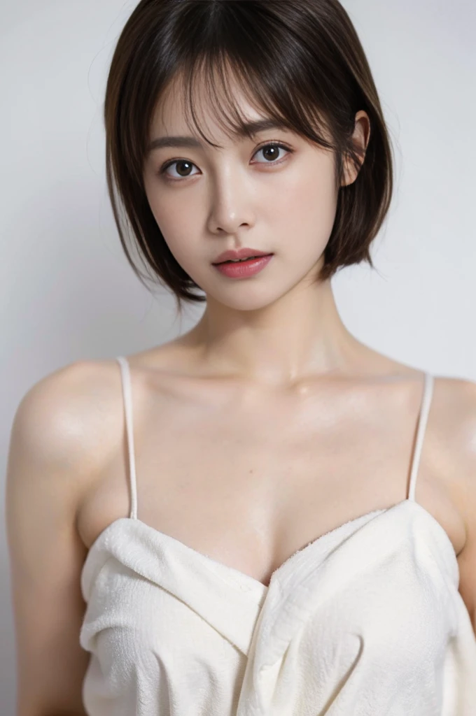 (In 8K、Highest quality、masterpiece:1.2)、(Realistic、Photorealistic:1.2)、naked towel, Large Breasts, White Background, alone, One girl, blush, towel, View your viewers, Cowboy Shot, short hair, clavicle, Simple Background