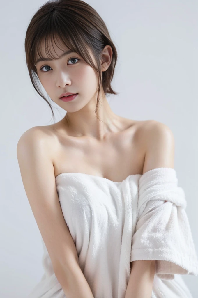 (Highest quality、Tabletop、8K、Best image quality、Award-winning works)、One beautiful woman、(Naked with a bath towel wrapped around her:1.3)、(The simplest pure white background:2)、(Holding your chest with your hands:1.1)、(Damp Hair:1.1)、(Sweaty, damp skin:1.1)、Upper body photo、Brightly lit face、Hot face、Very bright、Ultra-high definition cute face、Ultra high resolution perfect beautiful teeth、Ultra HD Hair、Ultra-high definition moist, shiny skin、Super high quality glossy lips、(Accurate anatomy:1.1)、(Big Breasts:1.1)、(Big cleavage:1.1)、Slender body、(Close-up of face:1.3)、(Accentuate your body lines:1.1)、(Accurate anatomy:1.1)、(The perfect bath towel:1.3)、Staring at me