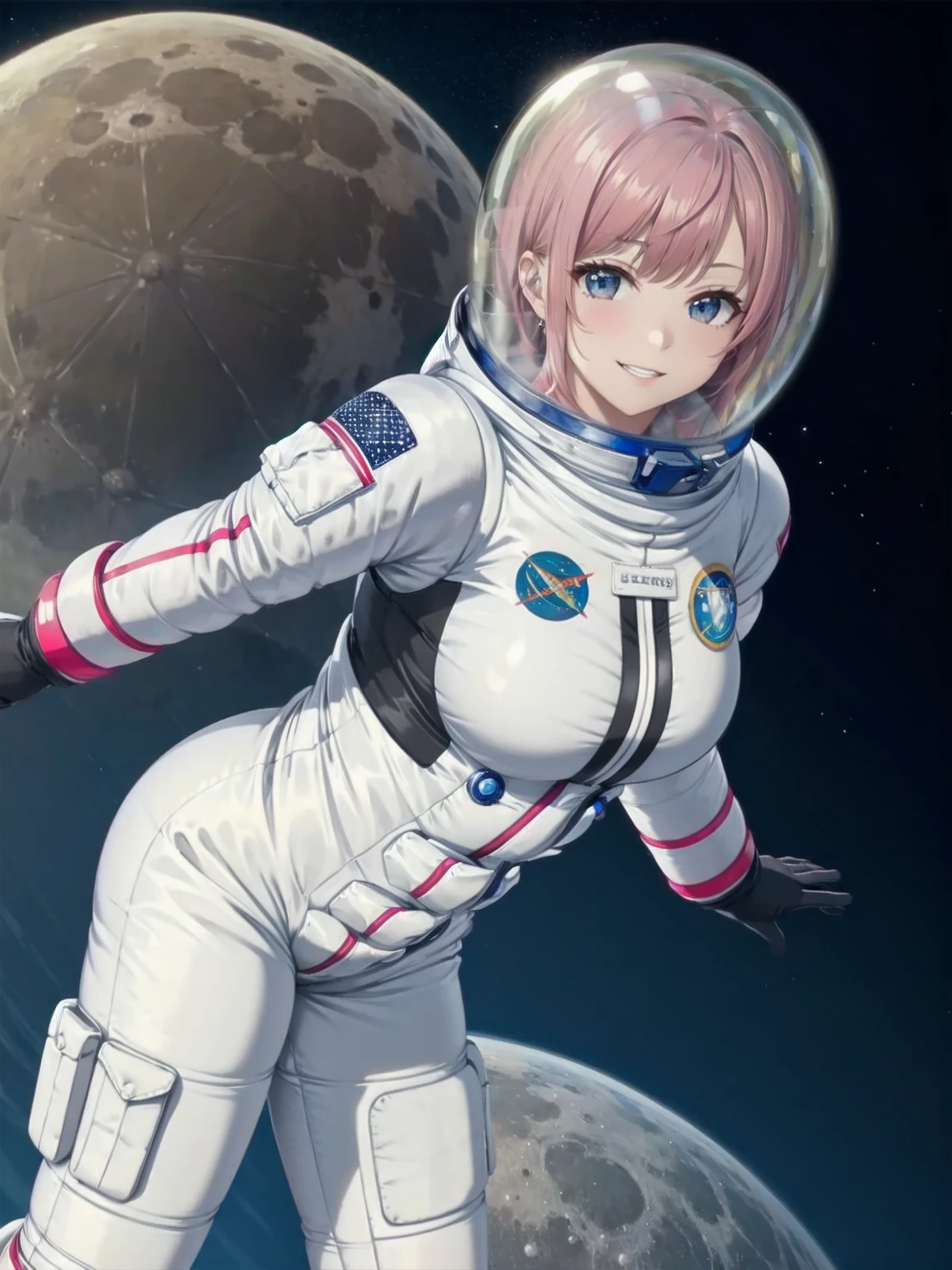 eva helm, spacesuit , astronaut), from above, pink hair, bubble helmet, space helmet,wearing a (spacesuit:1.15), white cargo pants, hovering, flying, moon surface, earth, floating pose, happy, smilebeautiful 8k wallpaper, highly advanced, (sleek design:1.3), intricate, highres, superb, 8k wallpaper, extremely detailed, intricate, FROM ABOVE