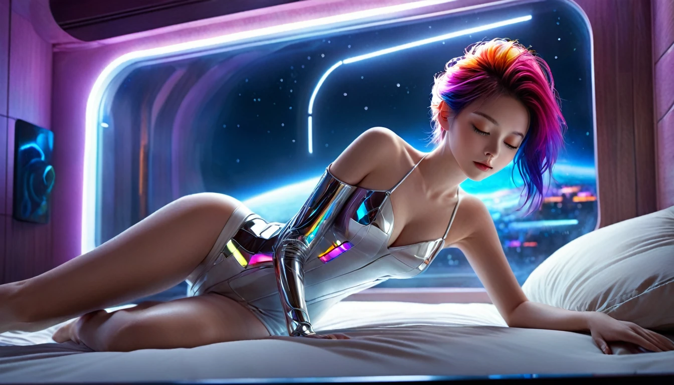 (Highest quality,8K,Super detailed:1.2),(CG,CG Art,3D Rendering),(masterpiece:1.2),（Crawling on the table），（Sexy Outfits），(Cinema Lighting,Futuristic),(Woman lying in bed,Sleep,close your eyes),(The big window behind her,quiet night),(Colorful Hair:1.5)
