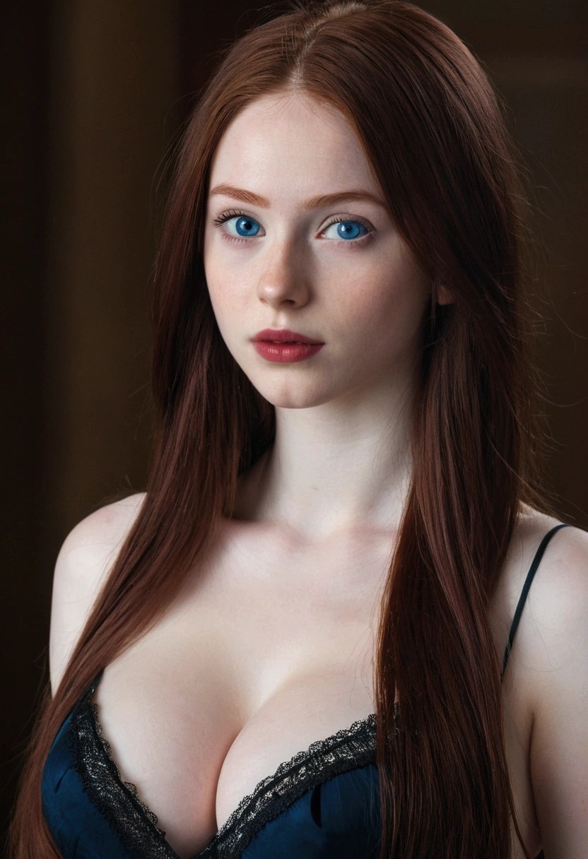 (masterpiece),(best quality:1.0), (ultra highres,), detailed,1girl, 18 years old, face and bust portrait,dark red hair, long hair, straight hair, blue eyes, pale skin, bold lips, looking at viewer, big breasts,black cami top, cleavage, 