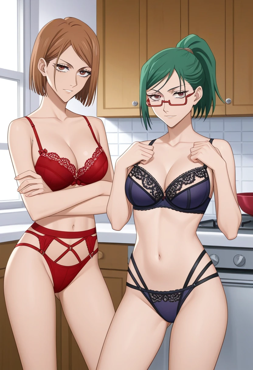 score_9_up, score_8_up, score_7_up, 2 girls, mature females, (((first girl is Nobara Kugisaki from Jujutsu Kaisen((brown bob hair, brown eyes)))))(((second girl is Maki Zenin from Jujutsu Kaisen((green ponytail hair, yellow eyes, glasses))))), fit slim bodies, (((seductive lingerie))), (((modern open space kitchen, with panoramic windows))), looking at the viewer, standing in seductive poses