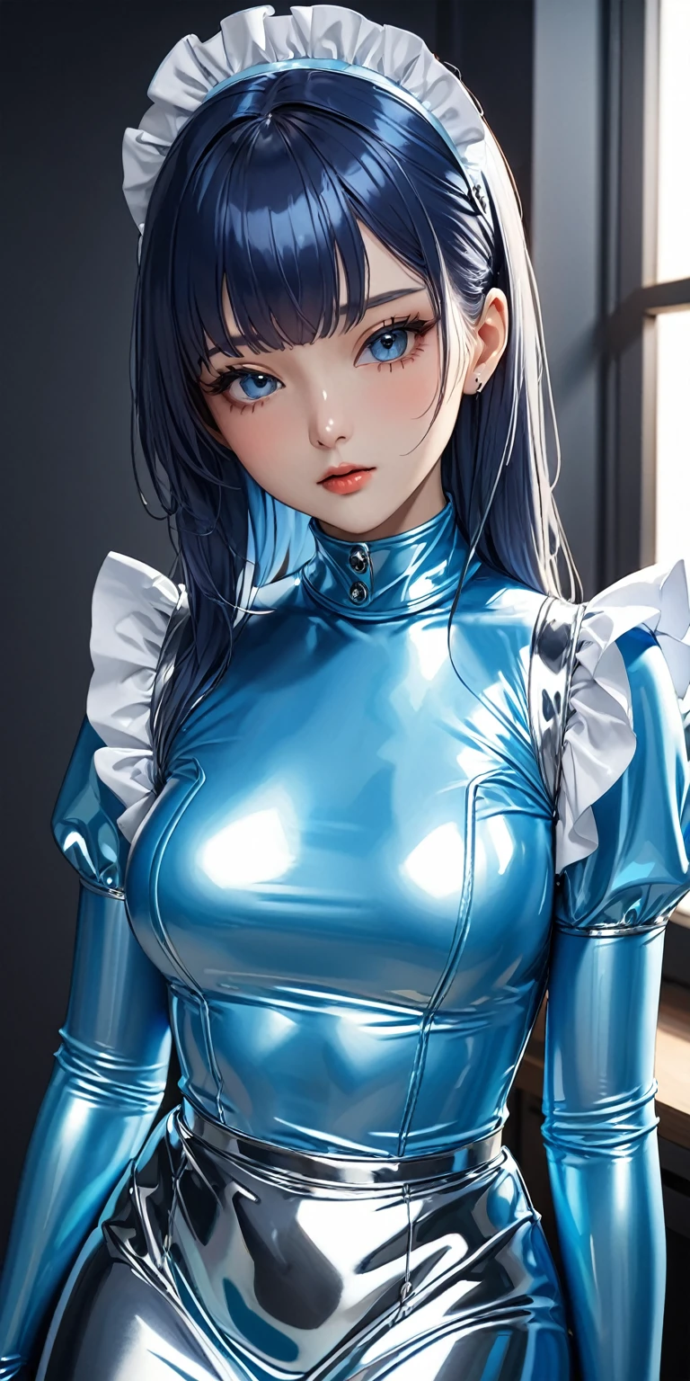 Portraiture、(masterpiece,Highest quality,Ultra-high resolution),Japanese women, (((Very beautiful 25 year old girl))),(Bright blue latex maid outfit)、((Bright blue latex long skirt))、(A bright blue long-sleeved latex shirt covering the upper body)、Bright blue latex gloves、Bright blue latex socks、Bright blue latex bodysuit、Frills、The clothes fit snugly to the body、Latex is very shiny、Dark Room、