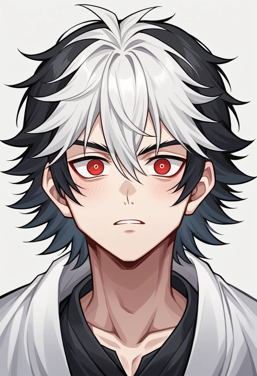 - **Hair:**
- The character has a striking head of white hair, symbolizing their unique heritage or a mysterious past.
- A noticeable patch of jet-black hair is on the left side, adding a dramatic contrast and hinting at a possible significant event or genetic anomaly.
- Their hairstyle features bangs that frame their face:
- The left bang cascades down, concealing one eye, lending them an enigmatic appearance.
- The right bang extends to the collar, emphasizing their cool, composed demeanor.
- **Eyes:**
- The hidden eye, concealed behind the left bang, is a vivid red, possibly indicating a special ability, lineage, or a traumatic experience that changed its color.
- The exposed eye is a striking blue, sharp and clear, reflecting their high intelligence and perceptive nature. Male boy , 14years old , one red eye that is covered by one bang and other is blue that is the reveled one , demon Slayer artstyle