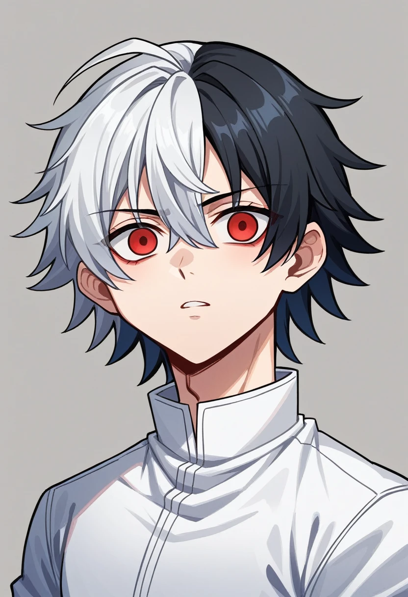 - **Hair:**
- The character has a striking head of white hair, symbolizing their unique heritage or a mysterious past.
- A noticeable patch of jet-black hair is on the left side, adding a dramatic contrast and hinting at a possible significant event or genetic anomaly.
- Their hairstyle features bangs that frame their face:
- The left bang cascades down, concealing one eye, lending them an enigmatic appearance.
- The right bang extends to the collar, emphasizing their cool, composed demeanor.
- **Eyes:**
- The hidden eye, concealed behind the left bang, is a vivid red, possibly indicating a special ability, lineage, or a traumatic experience that changed its color.
- The exposed eye is a striking blue, sharp and clear, reflecting their high intelligence and perceptive nature. Male boy , 14years old , one red eye that is covered by one bang and other is blue that is the reveled one , demon Slayer artstyle
