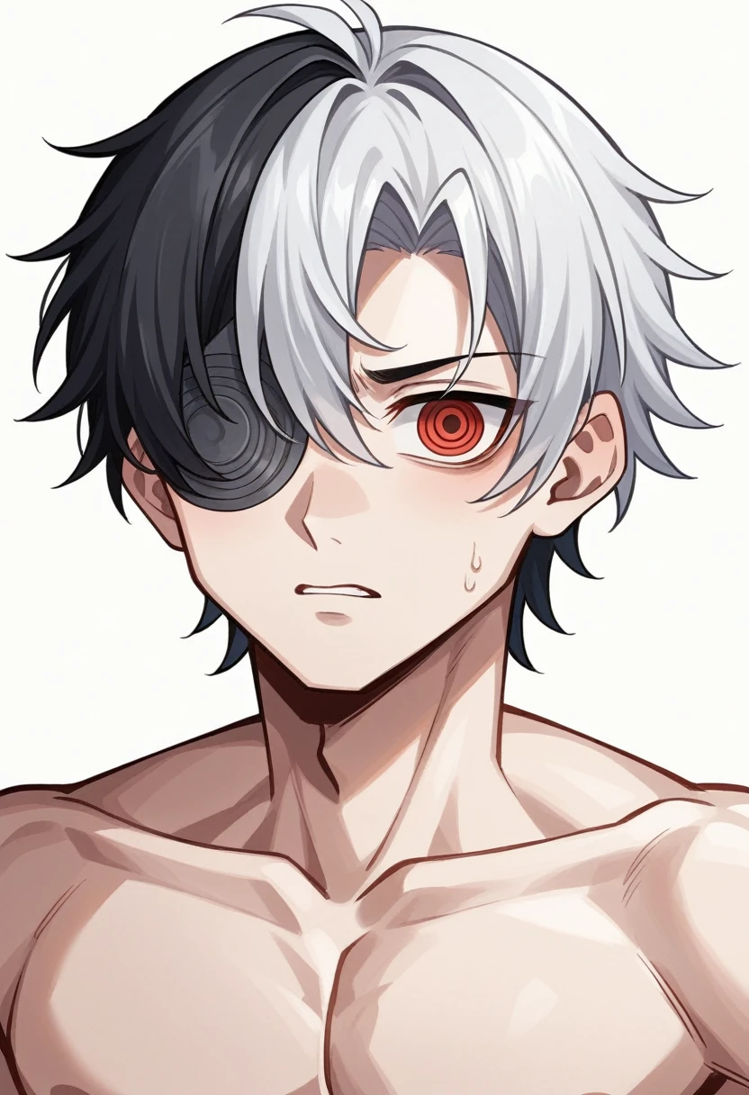 - **Hair:**
- The character has a striking head of white hair, symbolizing their unique heritage or a mysterious past.
- A noticeable patch of jet-black hair is on the left side, adding a dramatic contrast and hinting at a possible significant event or genetic anomaly.
- Their hairstyle features bangs that frame their face:
- The left bang cascades down, concealing one eye, lending them an enigmatic appearance.
- The right bang extends to the collar, emphasizing their cool, composed demeanor.
- **Eyes:**
- The hidden eye, concealed behind the left bang, is a vivid red, possibly indicating a special ability, lineage, or a traumatic experience that changed its color.
- The exposed eye is a striking blue, sharp and clear, reflecting their high intelligence and perceptive nature. Male boy , 14years old , one red eye that is covered by one bang and other is blue that is the reveled one , demon Slayer artstyle