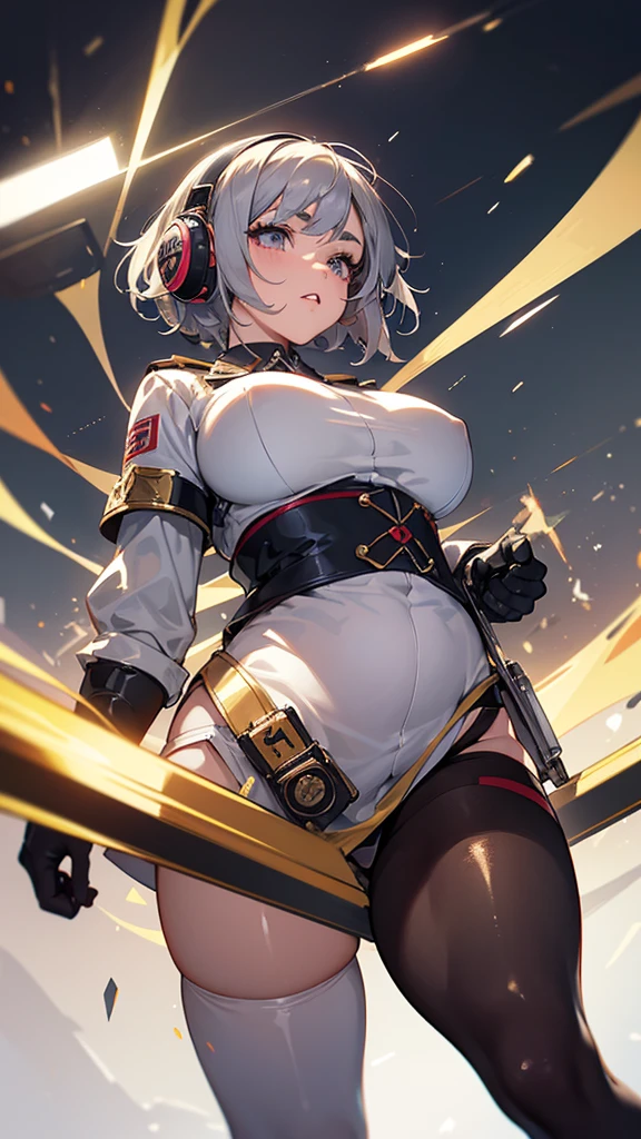 Headphones, red cheeks, detailed details (face, eyes, eyebrows, eyelashes) , fighting pause, official art, masterpiece, highest quality, portrait photo of one girl, -yeld gi wearing a fight girl(silver color, metallic, ) 8k, colorful, semishort hair, high resolution, ( butt:1.2)(headphones:1.2), (excellent rendering, stands out in its class), (great detail, good lighting, wide angle), breasts (0.5), plump thighs, absolute area, detailed background, marobrows,