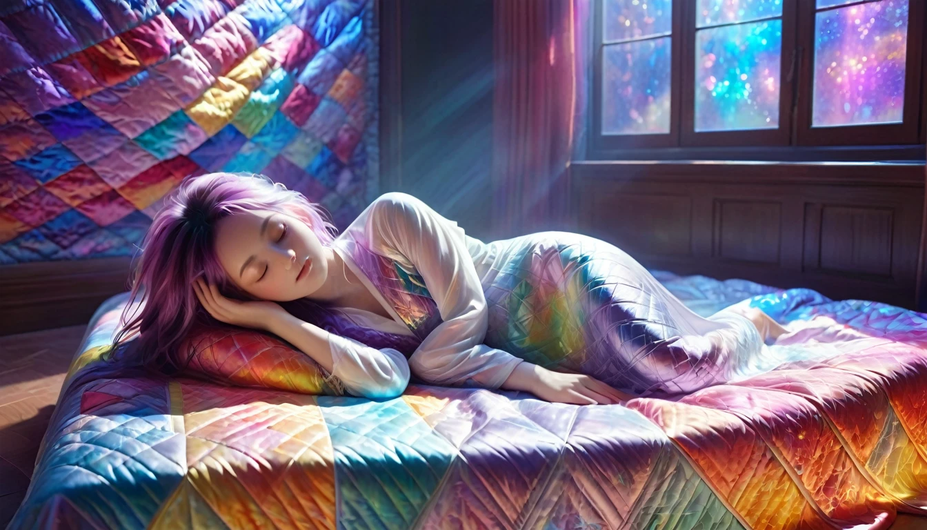 {{masterpiece}}, Highest quality, Highly detailed CG synthesis 8k wallpaper, Cinema Lighting,, Woman lying on sofa,The body is covered with a quilt,Close your eyes and sleep,Large window at the back, quiet night. , Multi-colored hair, (Colorful Hair:1.5),