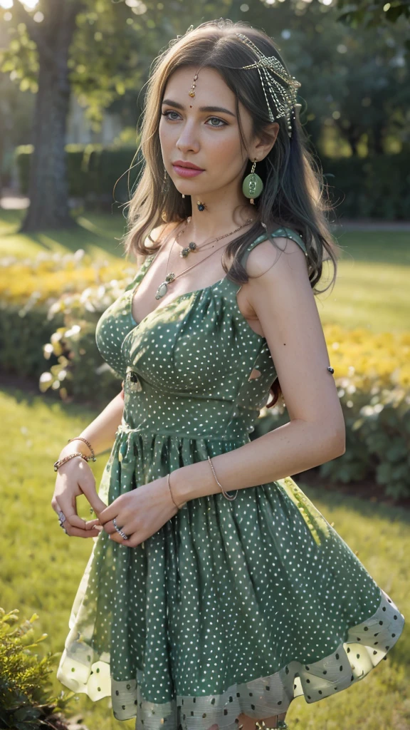 best quality, masterpiece, 1girl, (polka dot dress), (green dress:1.5), white hair, silver hair, hair ornament, blue eyes, necklace, (jewellery:1.8), Beautiful face, big breasts, tyndall effect, photorealistic, rim lighting, two tone lighting, (high detailed skin:1.2), dslr, (spreading light:1.5) soft lighting, high quality, volumetric lighting, candid, in the garden, Photograph, high resolution, 4k, 8k, Bokeh, 