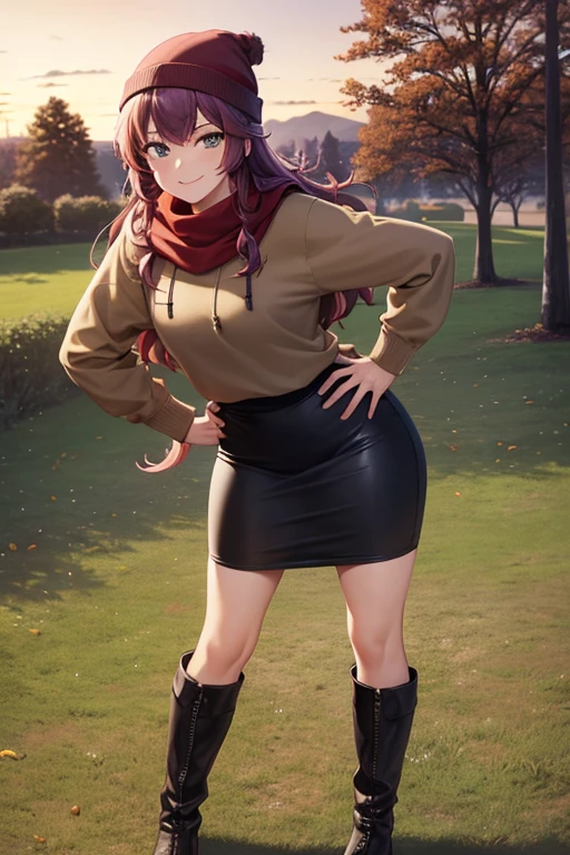 best quality, highres, beautiful woman looking at viewer, hand on hip, wide hips, smiling, brown hoodie, black midi pencil skirt, pencil skirt, beanie, leather boots, red scarf, full body, medium purple hair, wavy hair, garden, fall evening, sunset, trees, leaves falling, park, flowers