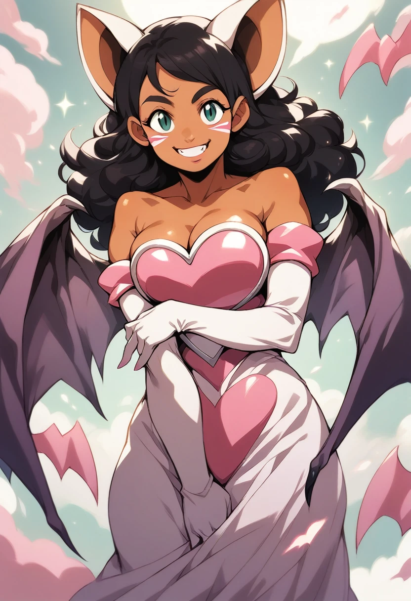 (rouge_the_bat_(cosplay):1), white elbow gloves, bare shoulders, bat wings, ((masterpiece,best quality)), connie maheswaran, long hair, black hair, pink blade, whisker markings, cowboy shot, smile, big breast, age 25, sensual pin-up