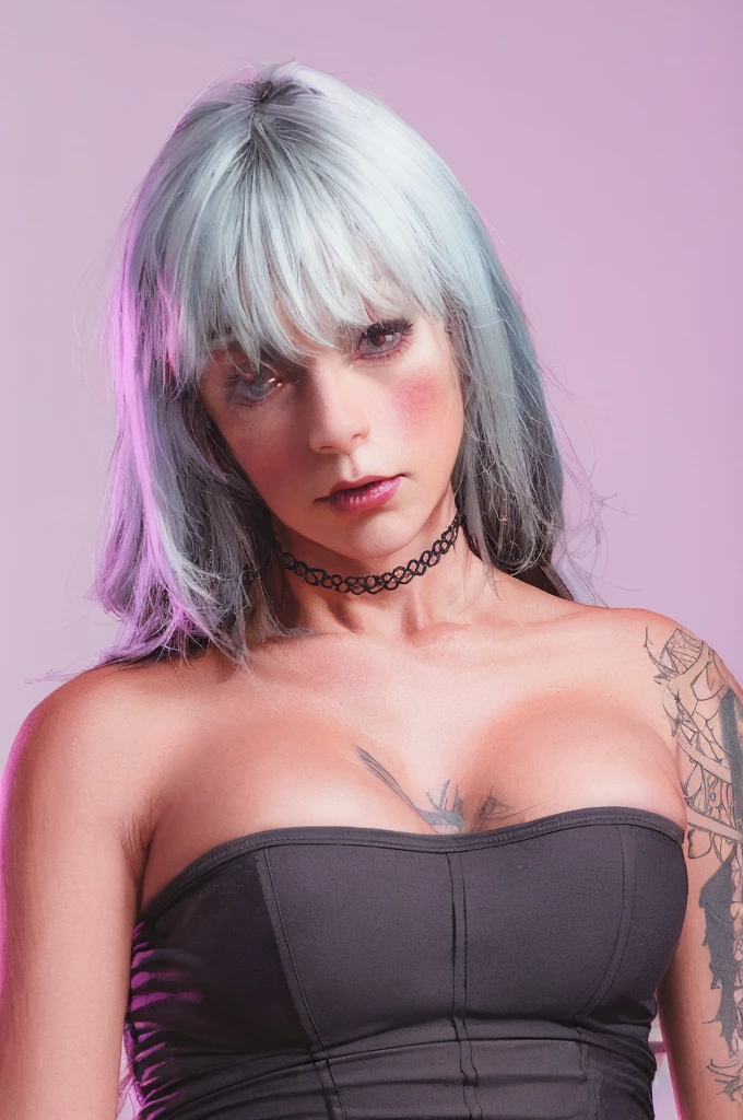 a girl looking to the camera, in anime style,white an gray hair, gothic style, anime, mangá, high quality, studio lighting,