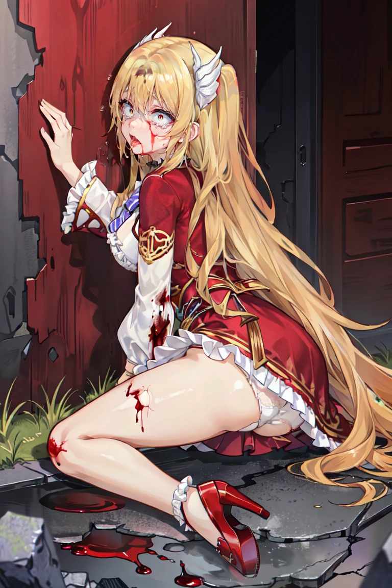 (absurdres,highres,ultra detailed,extremely detailed CG unity 8k wallpaper:1.3),
(((blood stained wall and floor,blood puddle))),
(((desolate alley,stone construction,ruins))), outdoors, (((broken room,cracks,Be scarred by the bullet holes,bullet-pocked))), abandoned hospital,
(detailed hair:1.3), cinematic lighting, clothes reflecting light, girl, solo, BREAK
(torn clothes:1.4), (torn dress,torn skirt:1.3), (torn:1.3),
(((lace panties,white panties,lace-trimmed,frills))), wearing panties, BREAK
(sitting on the floor,leaning back:1.4), (against the wall,broken wall:1.3), (arms at sides:1.3), ((slouching,spread legs)), (after rape:1.3), BREAK
(ryona,injury,grotesque:1.3), (blood on face,blood on body,blood on clothes:1.3),
(bleeding from head,face dripping blood:1.4), A lot of blood is overflowing from her clothes, ((dying,corpse)), (blood:1.3), BREAK
(Alfin Reise Arnor,blonde hair,very long hair,forehead,parted bangs,sidelocks,wing hair ornament,:1.3), BREAK
(Alfin Reise Arnor,frills,purple striped ribbon,white frilled sleeves,white bowtie:1.3), red dress, broach, over skirt, BREAK
(wearing red footwear:1.3), high heels,