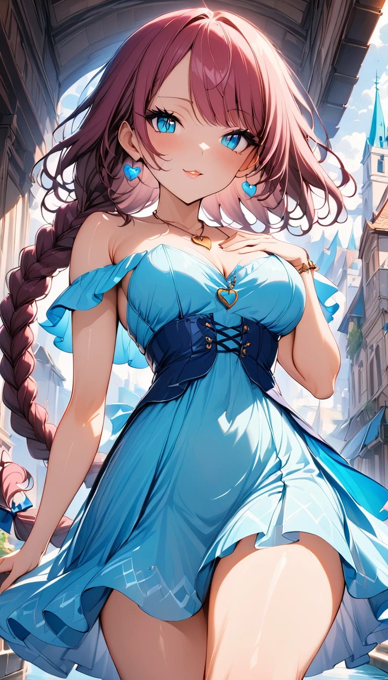 (masterpiece, very aesthetic:1.4), best quality, absurdres, (recent:1.2), cinematic, (cowboy shot:1.2), 
BREAK 
1 beautiful girl, 18yo, (small face), beautiful detailed face, (narrow waist:0.8), bewitching woman, (medium breasts, cleavage:0.8), curvy, (burgundy hair, glossy hair, 1 extremely long single braid hair, asymmetrical bangs:1.5), five fingers, perfect hands, 
BREAK 
(aqua blue eyes:1.4), (slit pupils, slant eyes, glass-like sparkling eyes are blurry and dreamy, beautiful detailed eyes, sparkling eyes, long delicate eyelashes, Meticulous Eyelash Details), 
BREAK 
(Navy Blue Dress, off shoulder, Strapless dress, Sleeveless:1.4), (tiny crystal-shaped earrings:1.2), 
sunny afternoon, A city resembling Venice with canals, (Leaning against the railing of a bridge over a large river), Bright lighting, Beautiful world, Blown by the gentle wind, Soft sunlight that induces afternoon drowsiness, 
BREAK 
(gorgeous lips, natural pink lips, heart-shaped lips, beautiful detailed lips, Glossy, open mouth), (1 tiny golden heart-shaped ring pendant:1.5), (seductive smile:1.4), seductive smile, (looking side glance), (left hand on own chest:1.3), crystal, eye focus, gem,sparkle, star \(symbol\)