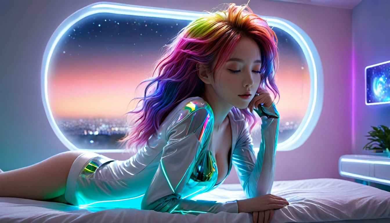 (Highest quality,8K,Very detailed:1.2),(CG,CG Art,3D Rendering),(masterpiece:1.2),(Crawling on the table),(Sexy Outfits),(Light,Futuristic),(Woman lying in bed,sleep,close your eyes),(There is a large window behind her,quiet night),(Colorful Hair:1.5)