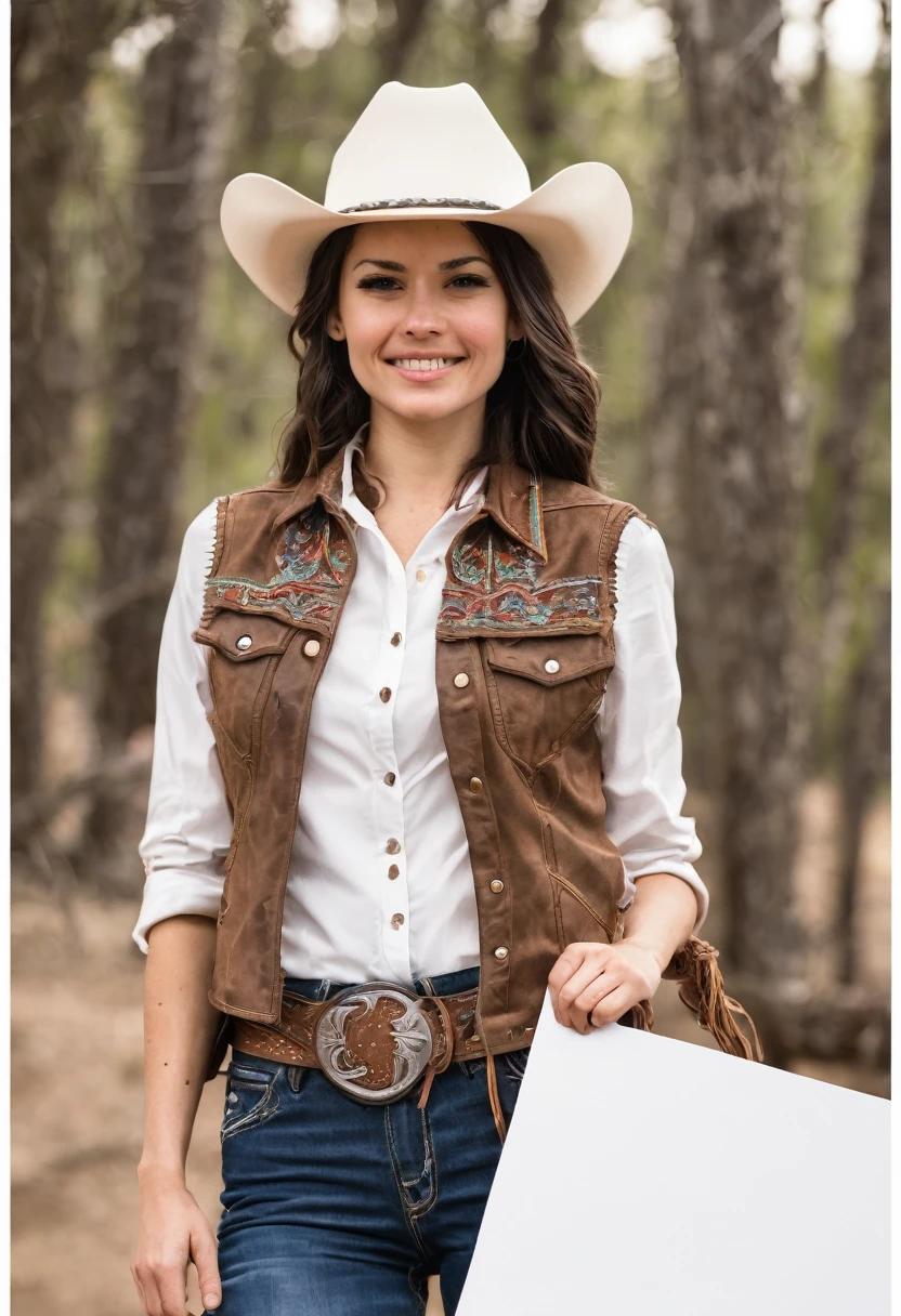 Cowgirl holding a blank banner