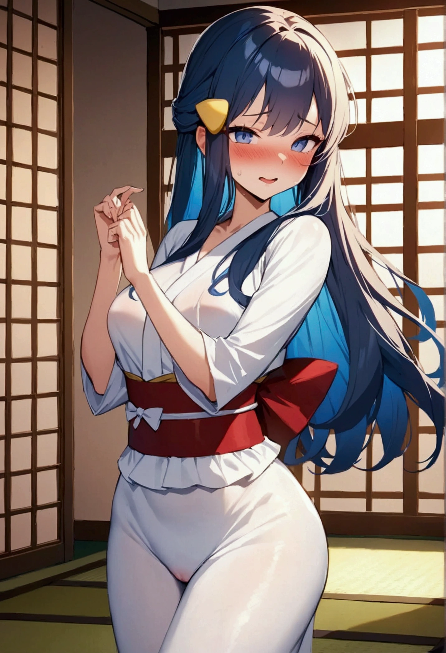 NSFW,masterpiece,Highest quality,High resolution,Super detailed,dawn_\(pokemon\),blue eyes, Blue Hair, Long Hair, Side Lock, Hair Clip,High-quality yukata,Embarrassed,blush,Inn at night,Japanese-style room,tatami,(Hypnosis),(brainwashing)