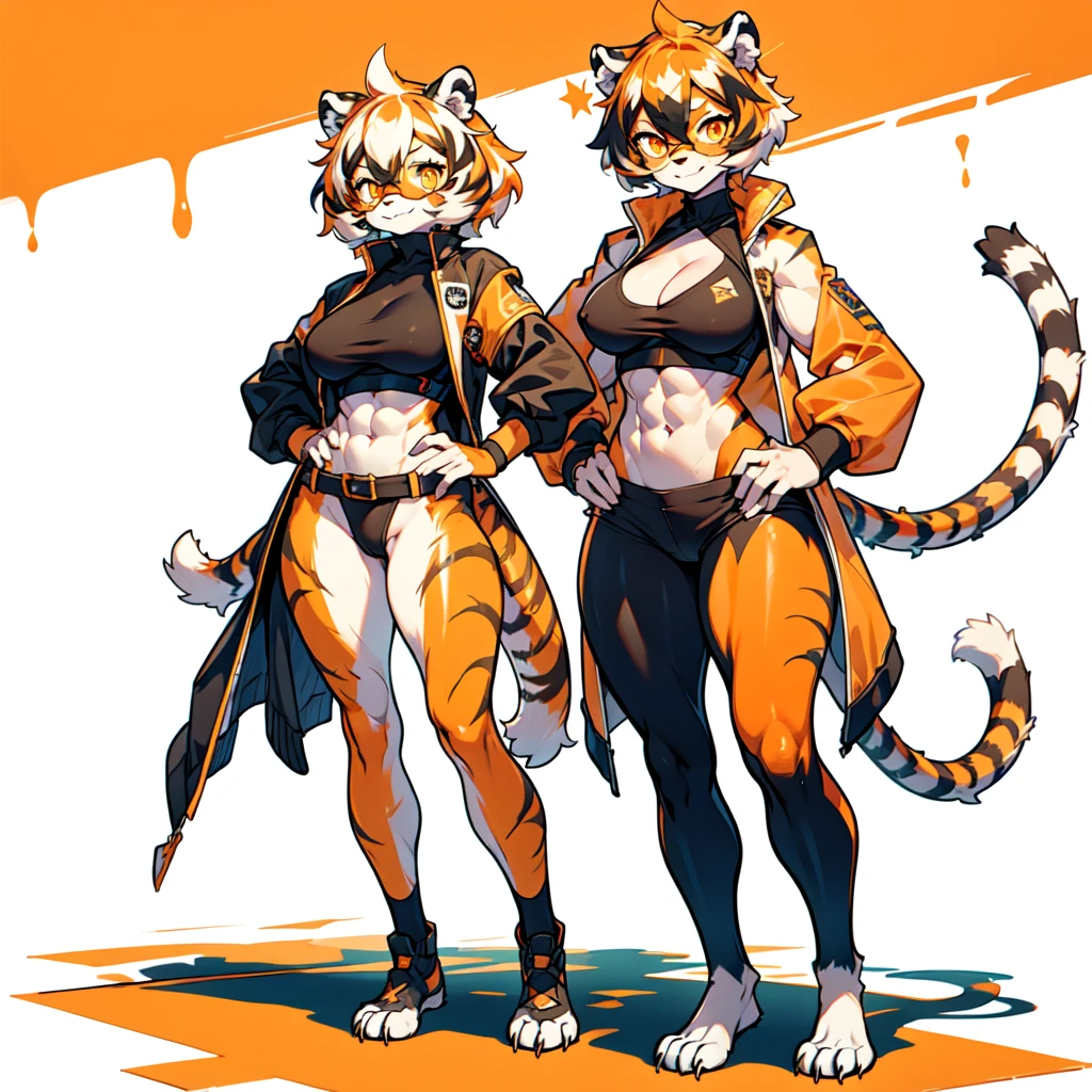 white background, full body, ((furry female:1.2)), Standing, animal ears, white hair, black hair, short hair, large breasts, muscle, tail, orange eyes, orange hair, multicolored hair, tiger girl, hair between eyes, tiger_ears, tiger_tail, orange-tinted_eyewear, tinted_eyewear, big breasts, evil smile, Shadows under feet, Abdominal muscles, (((canonicals, outfit:1.2))), nsfw