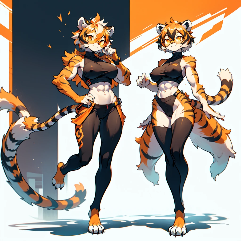 white background, full body, ((furry female:1.2)), Standing, animal ears, white hair, black hair, short hair, large breasts, muscle, tail, orange eyes, orange hair, multicolored hair, tiger girl, hair between eyes, tiger_ears, tiger_tail, orange-tinted_eyewear, tinted_eyewear, big breasts, evil smile, Shadows under feet, Abdominal muscles, (((canonicals, outfit:1.2))), nsfw