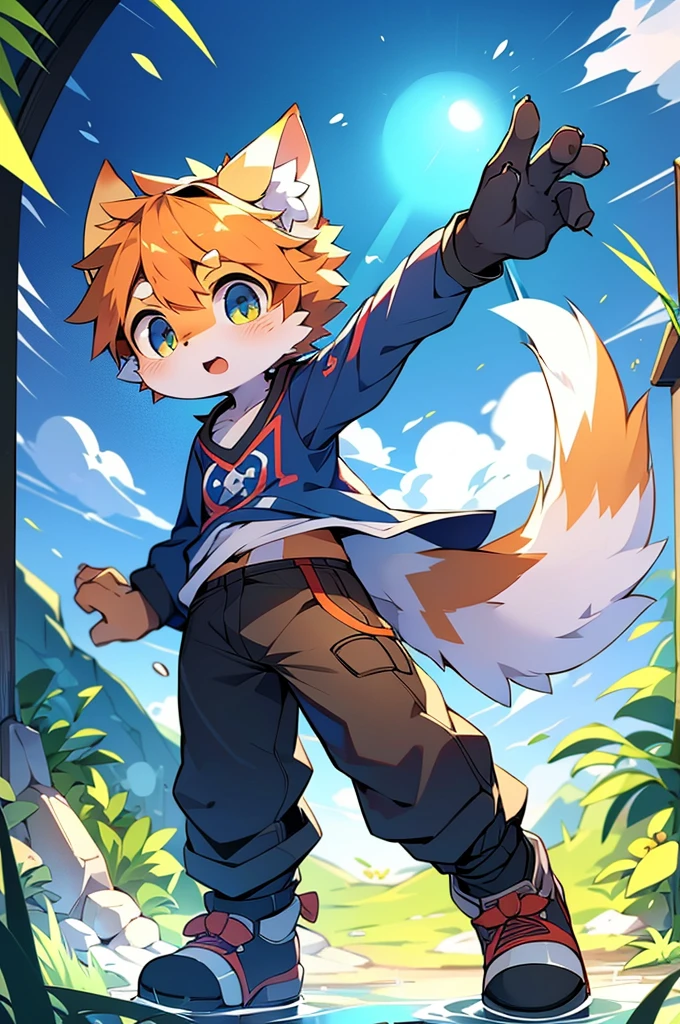 Anime style illustration of a boy with a cat tail and shirt, 2D Anime Style, Detailed fan art, high quality Anime art style, Anime Style 4k, Stylized anime, Anime Shōnen, Hero 2D Fan Art Art Station, Cute art style, Tsunami behind, Anime art style, Anime Art Wallpapers 8K, Spectacular anime style