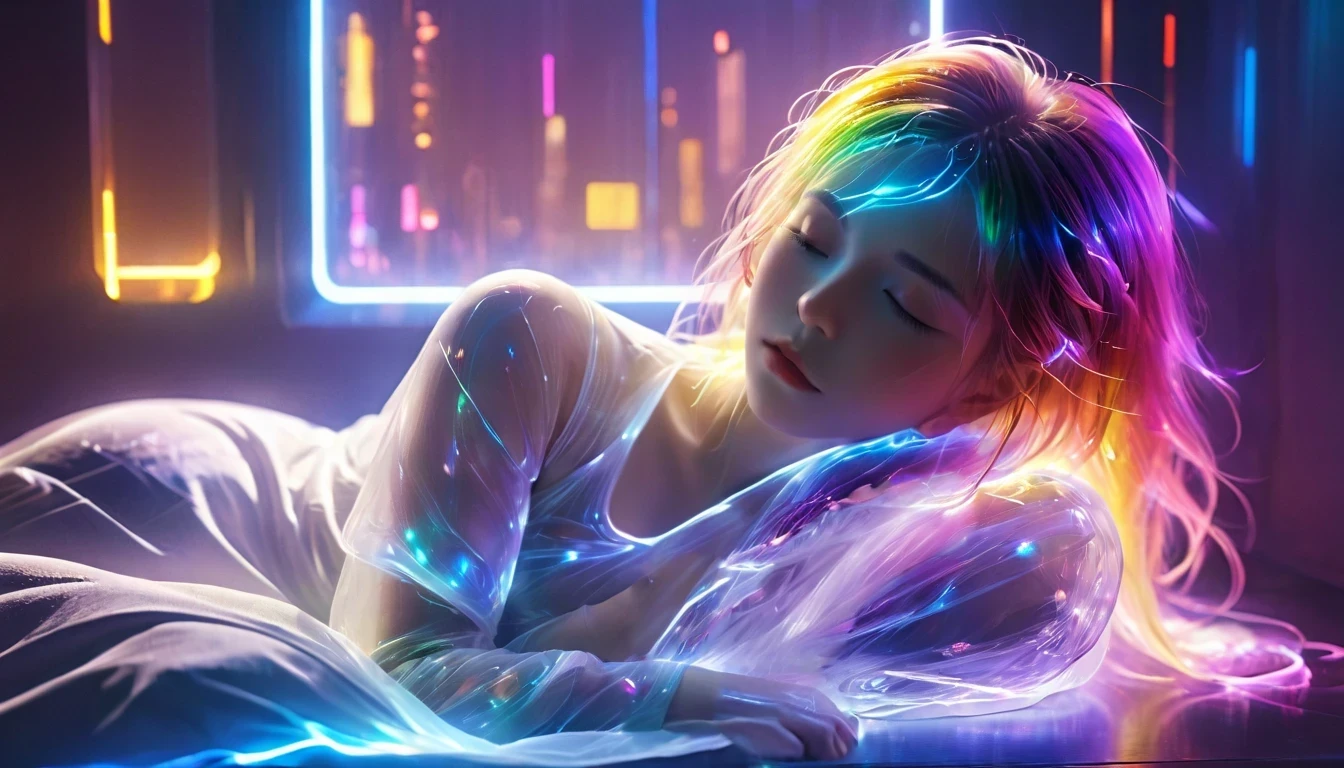 {{masterpiece}}, Highest quality, Highly detailed CG synthesis 8k wallpaper, Cinema Lighting,cyber punk, Woman sleeping in bed，Close your eyes and sleep，Huge window behind， quiet night. , Multi-coloured hair, (Colorful Hair:1.5),