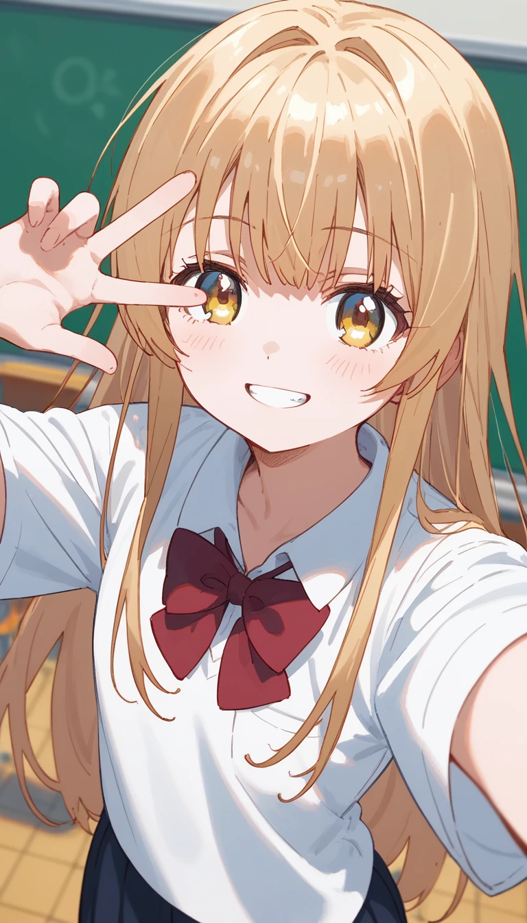 masterpiece,Ultra HD,score_4_onBREAK source_anime,可愛いanimeイラスト, masterpiece,high resolution,smile,alone,mahirushiina,One girl,Blonde,Long Hair,Selfie pose,Close your mouth,Tuck up your shirt,White shirt,Red bow tie,black tights,School,classroom,