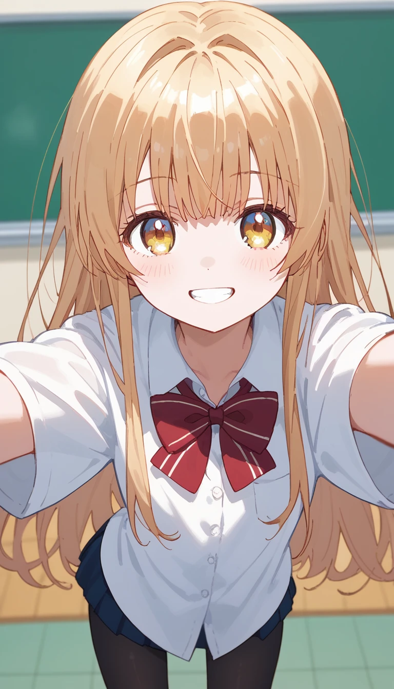 masterpiece,Ultra HD,score_4_onBREAK source_anime,可愛いanimeイラスト, masterpiece,high resolution,smile,alone,mahirushiina,One girl,Blonde,Long Hair,Selfie pose,Close your mouth,Tuck up your shirt,White shirt,Red bow tie,black tights,School,classroom,