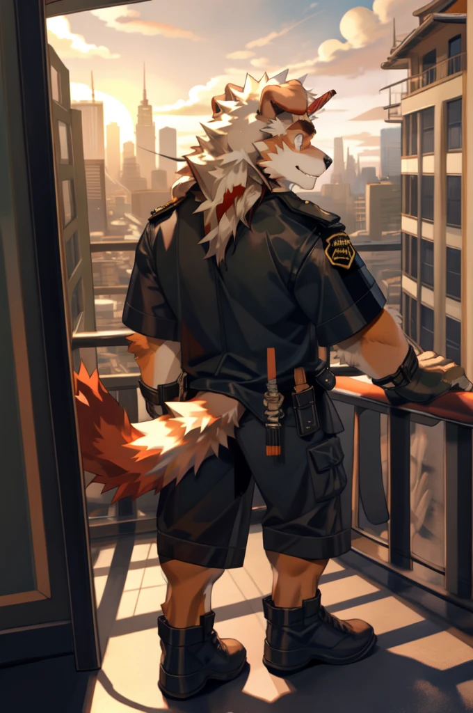 by null-ghost,by raccoon21,
masterpiece,high quality,
young face,HUNG,SINGLE HORN,MILITARY UNIFORM,long hair,orange eyes,red horns,handguard,dog tail,gloves,detail eyes,leather,
smile,
looking afar,looking away,
ears back,ears down,(ears backwards:1.55),
white shirt,t-shirt,
shorts,
digitigrade,claws,
standing,
leaning on rail,
balcony,
city,cityscape,skyline,day,dusk,orange sky,cloudy sky,cloud,sun,