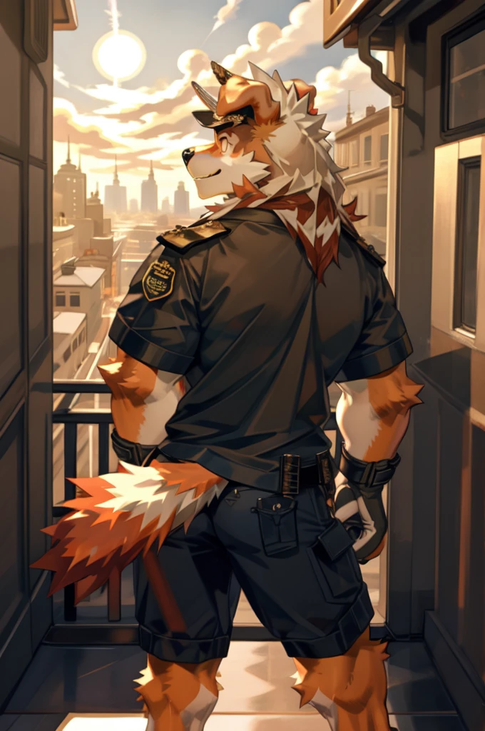 by null-ghost,by raccoon21,
masterpiece,high quality,
young face,HUNG,SINGLE HORN,MILITARY UNIFORM,long hair,orange eyes,red horns,handguard,dog tail,gloves,detail eyes,leather,
smile,
looking afar,looking away,
ears back,ears down,(ears backwards:1.55),
white shirt,t-shirt,
shorts,
digitigrade,claws,
standing,
leaning on rail,
balcony,
city,cityscape,skyline,day,dusk,orange sky,cloudy sky,cloud,sun,