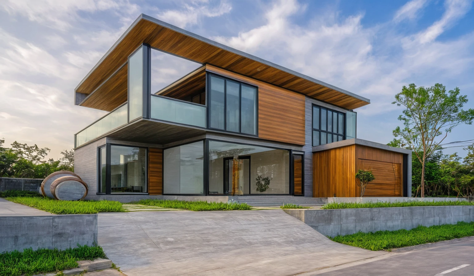 Modern villa on the street, (gloomy light:1.2), cây nhiệt đới, vivid colors, street landscape, Beautiful skies,  Gray concrete and wood walls, (large glass door:1.2), Warm interior lighting, modern materials, best quality, cực kỳ chân thực, masterpiece , 17archiai_Xl_VL-v1