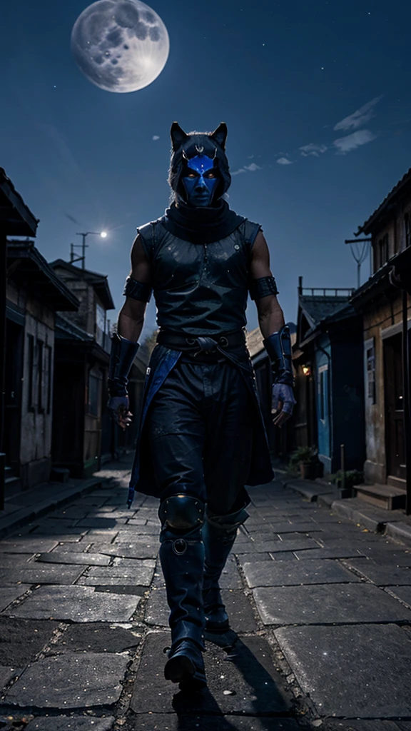 blue samurai, ghost, walking with a wolf in a haunted town, night sky, full moon, realist, full HD, Best Quality