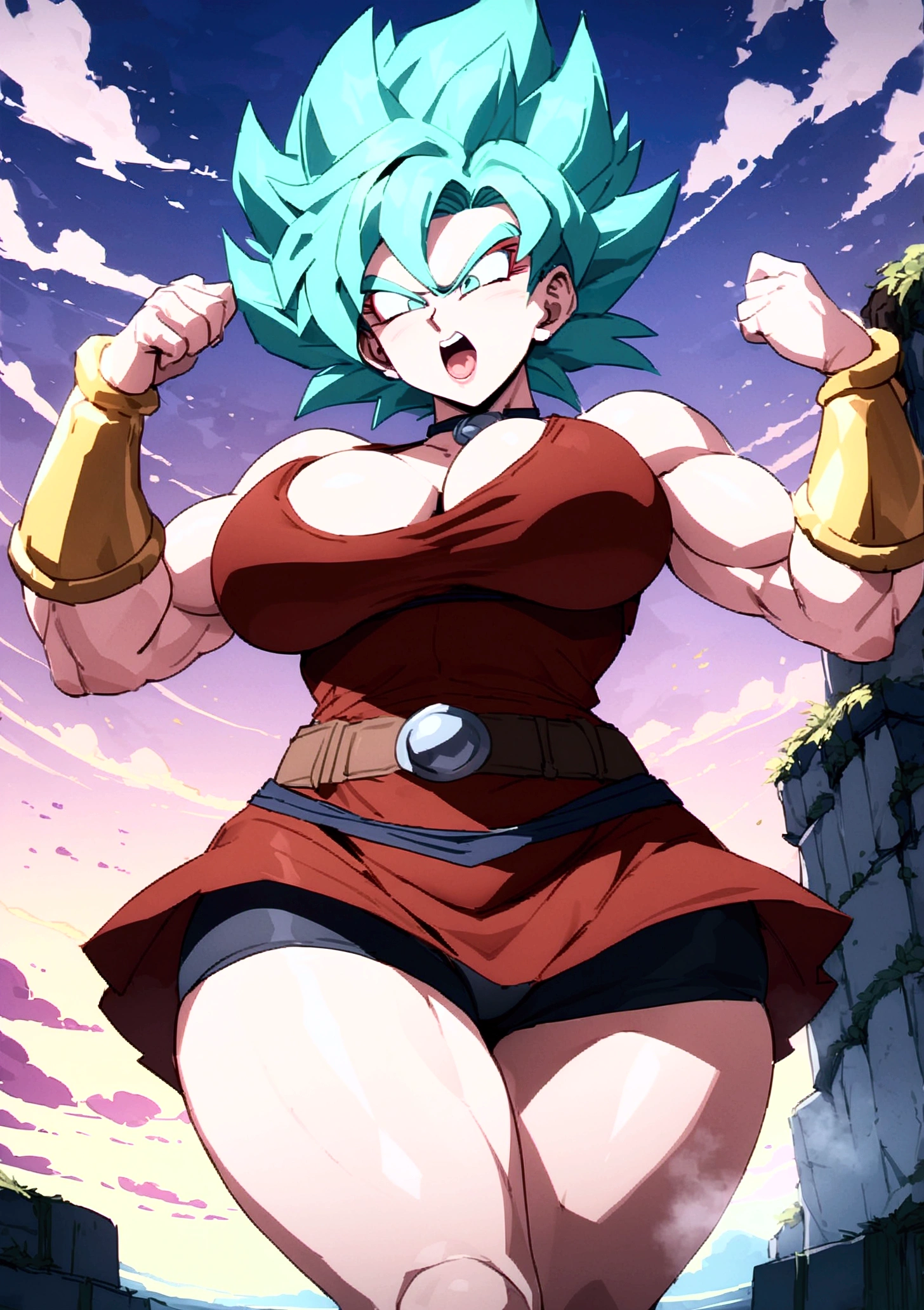 kale (berserker trasformation) from dragon ball, sexy , curvy, female saiyan , HD, 4K, detailed, masterpiece, using heels , showing breast