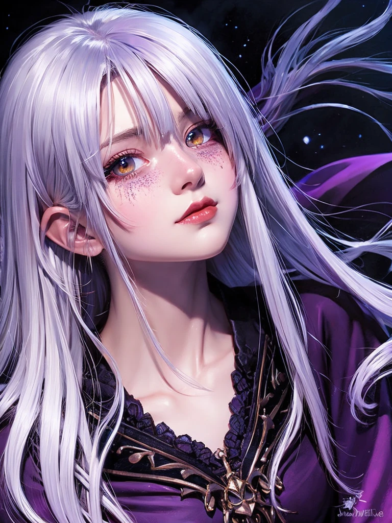 (Face ultra detailed, gaping mouth), (Fantasy illustration with gothic & ukiyo-e & comic book art), (whole body, A middle-aged dark elf woman with white hair, rhombus stripe, very long and disheveled hair, and dark purple skin, lavender eyes), (She is wearing a beautiful red silk wizard&#39;s robe with lace for women and thin black leather sandals.), She peers through a magnifying glass a glow, Burning, magical clock artifact on a large wooden table and examines it closely), break (Ancient artifacts that look like trash are in disarray in the background, and the shelves are packed with magic books)