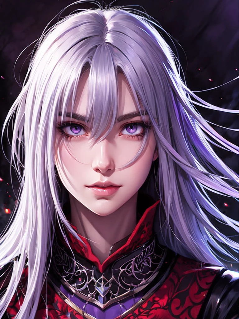 (Face ultra detailed, gaping mouth), (Fantasy illustration with gothic & ukiyo-e & comic book art), (whole body, A middle-aged dark elf woman with white hair, rhombus stripe, very long and disheveled hair, and dark purple skin, lavender eyes), (She is wearing a beautiful red silk wizard&#39;s robe with lace for women and thin black leather sandals.), She peers through a magnifying glass a glow, Burning, magical clock artifact on a large wooden table and examines it closely), break (Ancient artifacts that look like trash are in disarray in the background, and the shelves are packed with magic books)