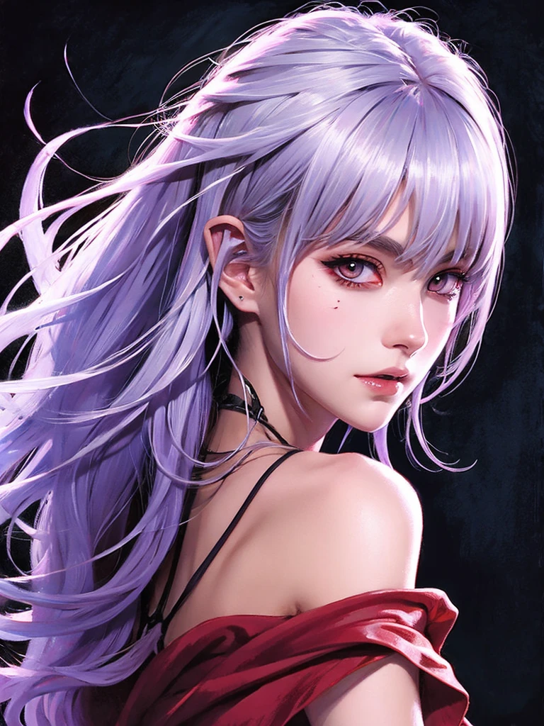 (Face ultra detailed, gaping mouth), (Fantasy illustration with gothic & ukiyo-e & comic book art), (whole body, A middle-aged dark elf woman with white hair, rhombus stripe, very long and disheveled hair, and dark purple skin, lavender eyes), (She is wearing a beautiful red silk wizard&#39;s robe with lace for women and thin black leather sandals.), She peers through a magnifying glass a glow, Burning, magical clock artifact on a large wooden table and examines it closely), break (Ancient artifacts that look like trash are in disarray in the background, and the shelves are packed with magic books)