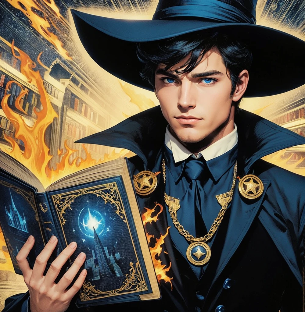 American classic comic book art: handsome young man, black short hair, navy blue wizard hat, navy black suit, fire magic, holding a blue magic book, blue eyes, elegant, city, wide sleeves, creating spells, library.