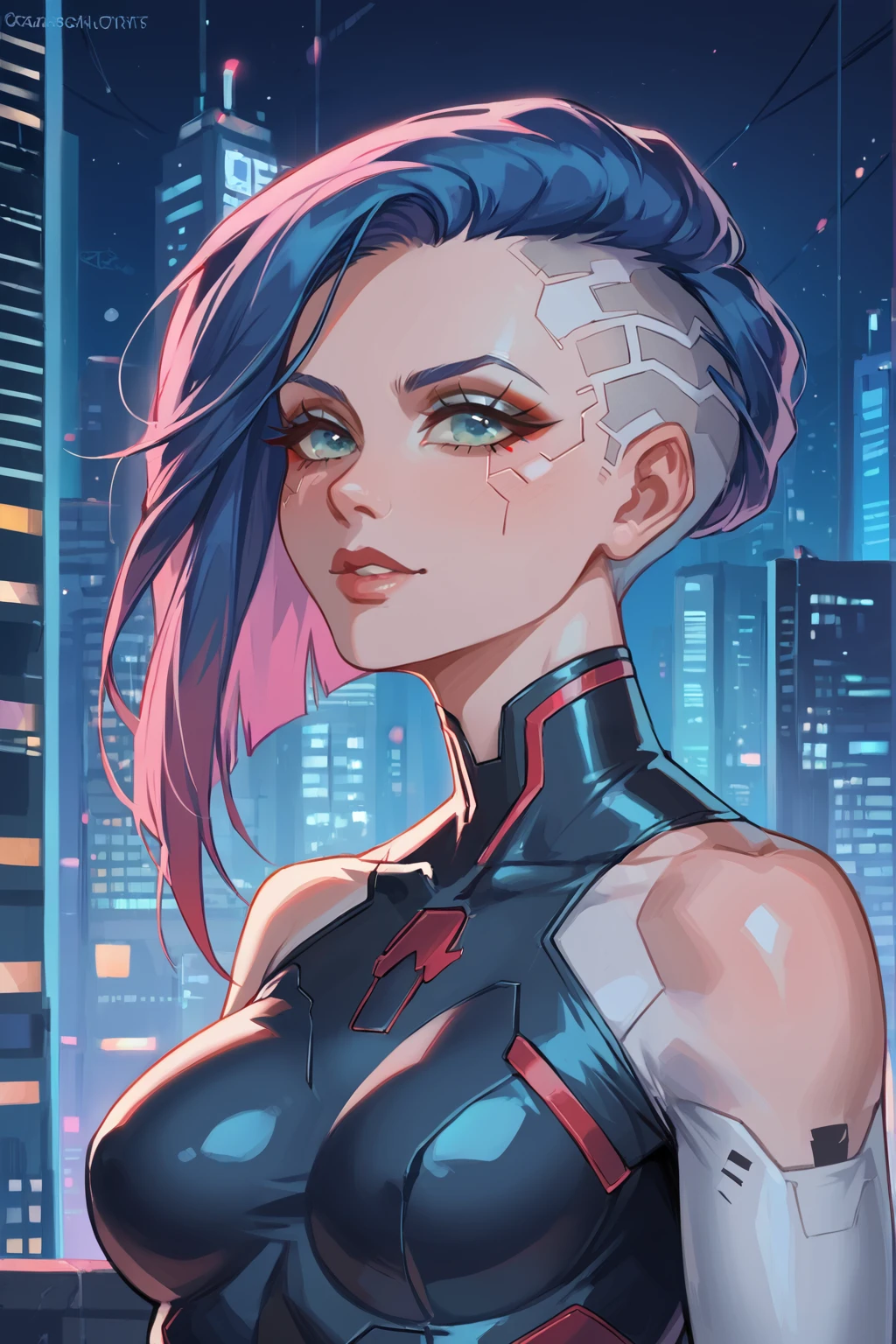 (upper body:1.5), In a futuristic cityscape, a lone girl stands against the backdrop of a towering, cyberpunk-inspired building. She is captured in a close-up portrait, focusing on her upper body. Dressed in a sleek, patent leather bodysuit that reflects the city lights, her skin glows with a radiant sheen. The scene is filled with intense gritty details, enhancing the dramatic atmosphere of the setting. Her slim figure and the science fiction elements of the environment combine to create a striking cyberpunk aesthetic.