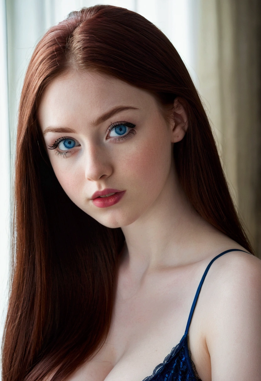 (masterpiece),(best quality:1.0), (ultra highres,), detailed,1girl, 18 years old, face and bust portrait,dark red hair, long hair, straight hair, blue eyes,eyelashes, make-up,mascara, pale skin, bold lips, looking at viewer, big breasts,black cami top, cleavage,