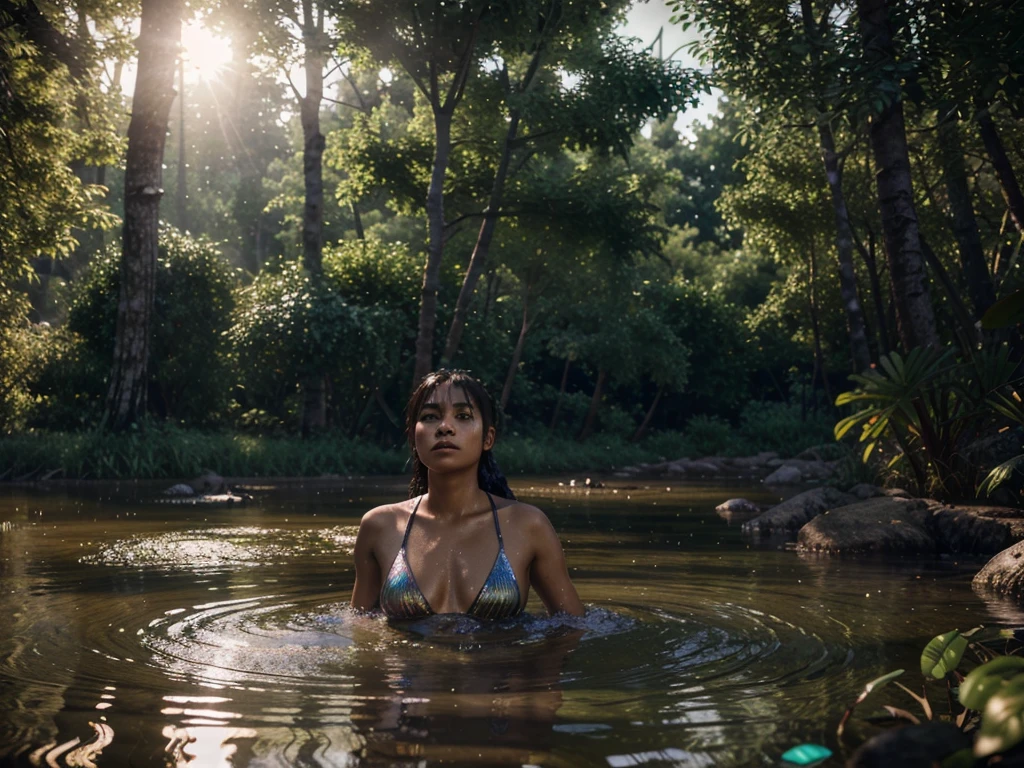 maozonia indigenous girl, 18 years old, bathing in a river, in the middle of the forest, a jaguar watching from afar, sad, Clockpunk, Gamercore, street level view, Blender rendering, 100mm, Sculpture, iridescent colors, Medicalcore, strobe lighting, ultra realistic, photorealistic, octane render, unreal engine, hyper detailed, volumetric lighting, hdr, octane render, fantasy 4k 8K