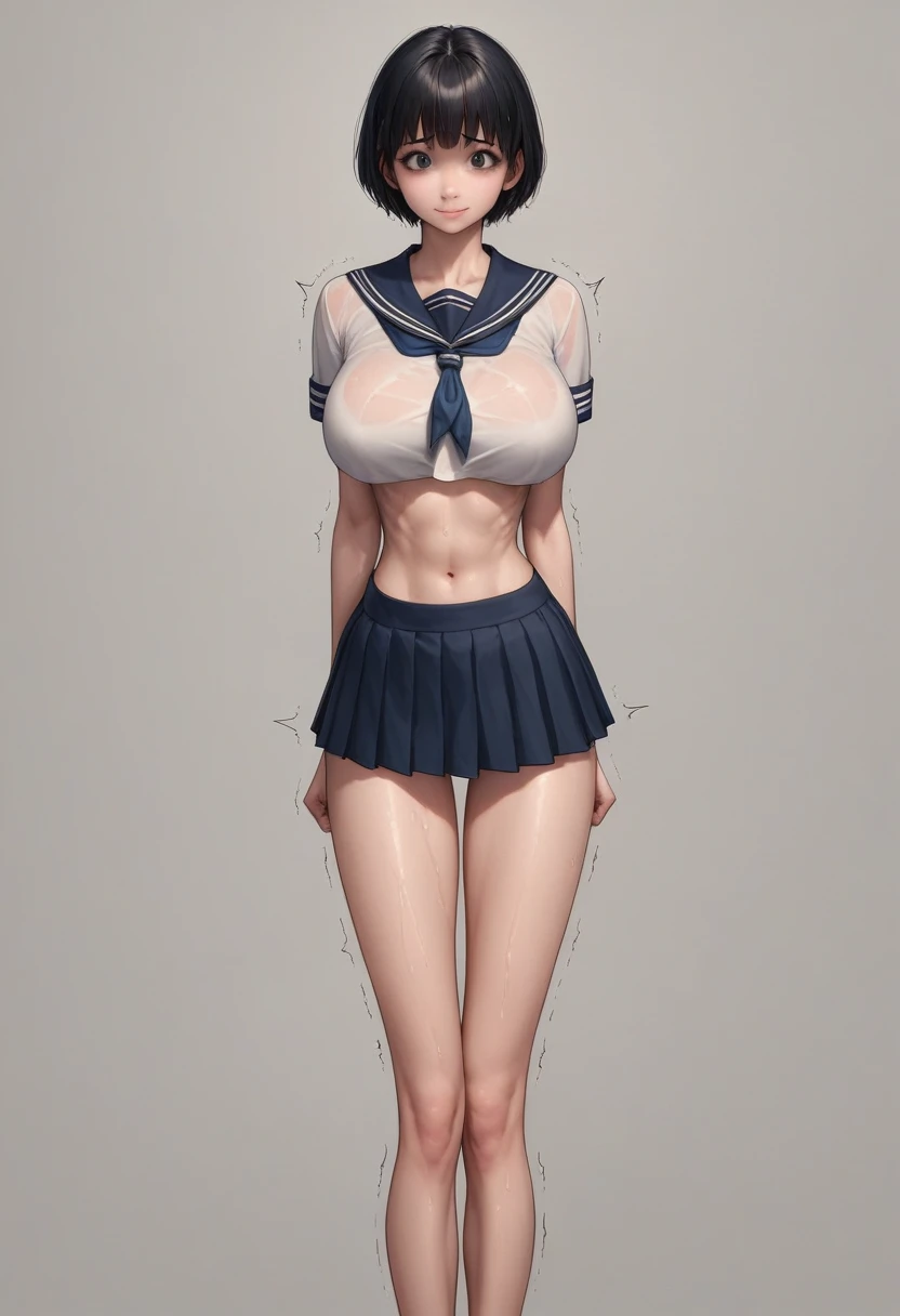 masterpiece, best quality:1.2), Realistic photo, front shot, beautiful thin 1girl, (super big breasts, micro waist, very long legs:1.3), Black hair, short bob hair, (Extremely skinny), short height, Light Skin, cute big eyes, Small Mouth, cute beautiful thin face, forced smile, serafuku, mini skirt, Arched back, pigeon-toed, Embarrassing pose, Long and thin navel, (beautiful visible ribs), wet and sweaty, Trembling