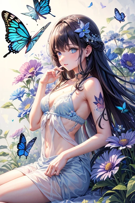 Watercolor tattoo of flowers and butterflies