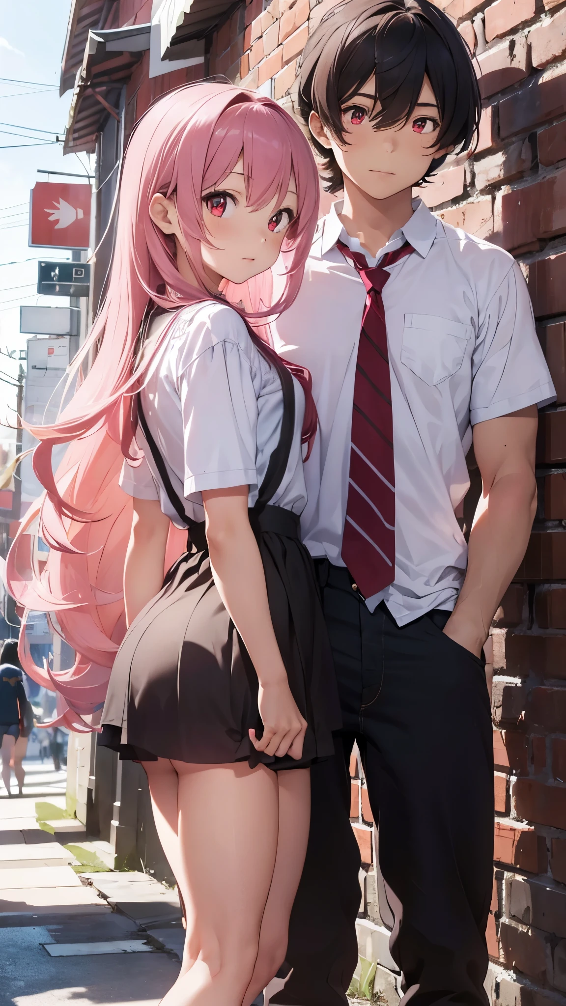Girl with long wavy pink hair, with red eyes, dressed in cute clothes in high school. With her boyfriend, un chico de cabello negro with red eyes.