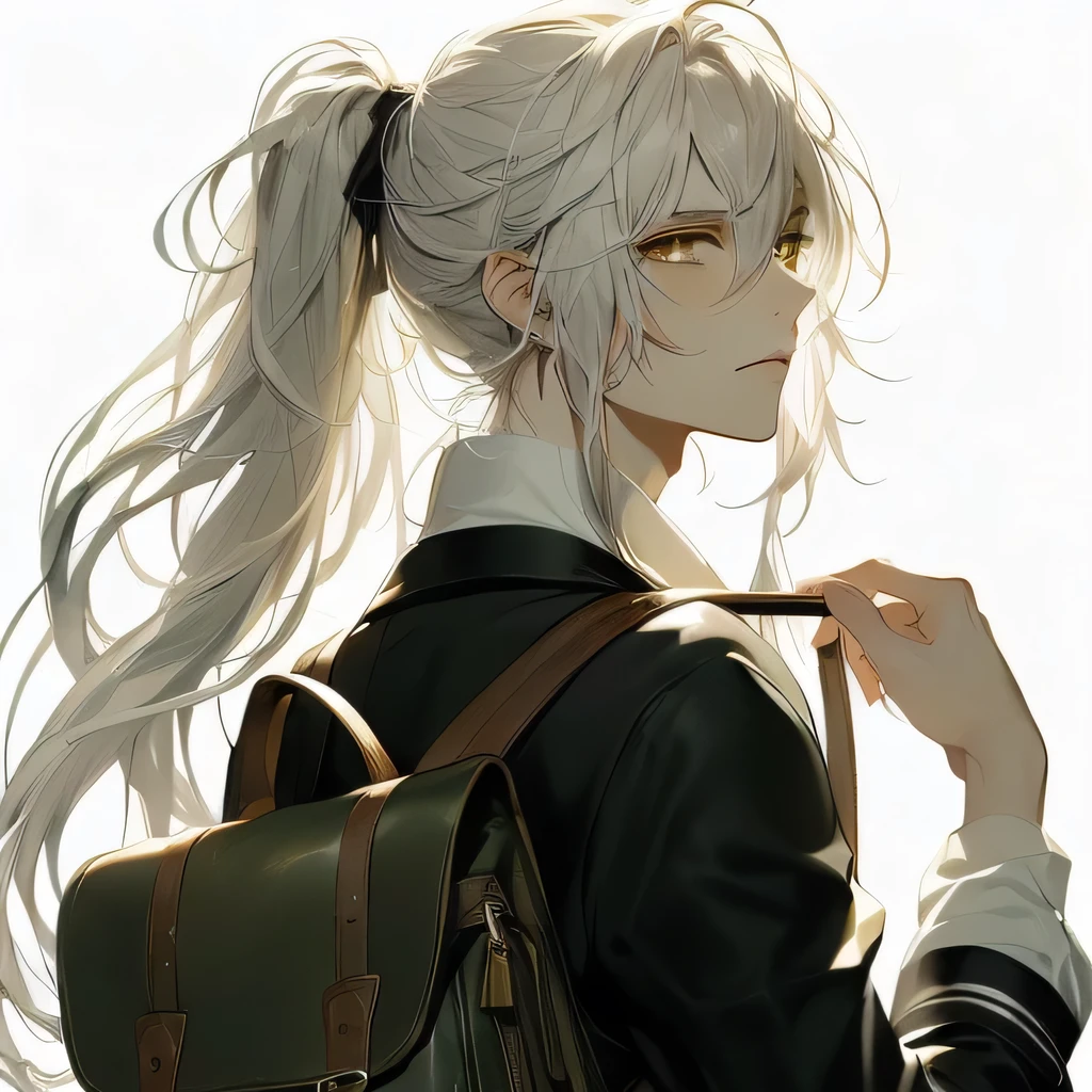 (((beautiful young man with narrow eyes, Gray Hair, Long Hair, Yellow Eyes, Long, narrow eyes, ponytail, Back view, looked back, dark green leather backpack, Composition from the waist up, high quality, Draw Amount, Pixiv illustration
